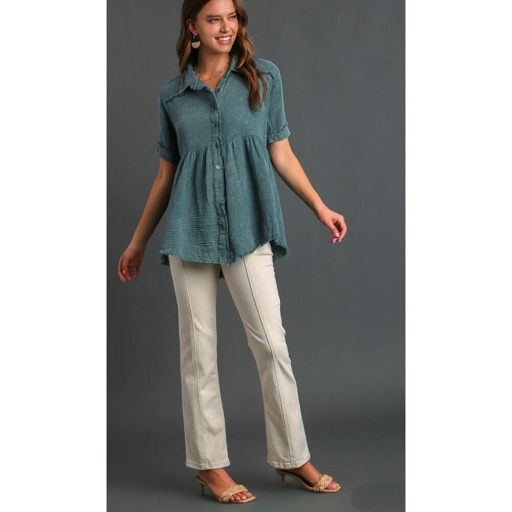 Umgee Tunic Top Sz XL Lagenlook Artsy Beach Raw Hem Guaze Blue Boho Loose Fit
